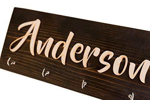 Save on personalized wall key hanger unique custom key ring jewelry rack holder customize with your name dark rustic natural wood 4 hooks decorative kitchen garage living closet