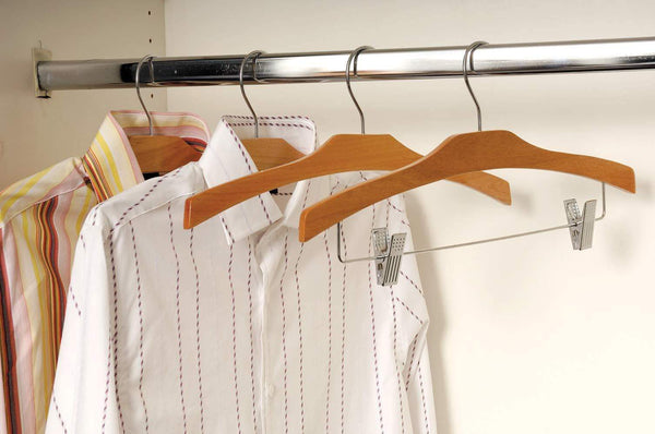 Explore the great american hanger company arched wooden top natural finish low profile 17 inch flat chrome swivel hook notches for hanging straps set of 50 clothes hanger hardware