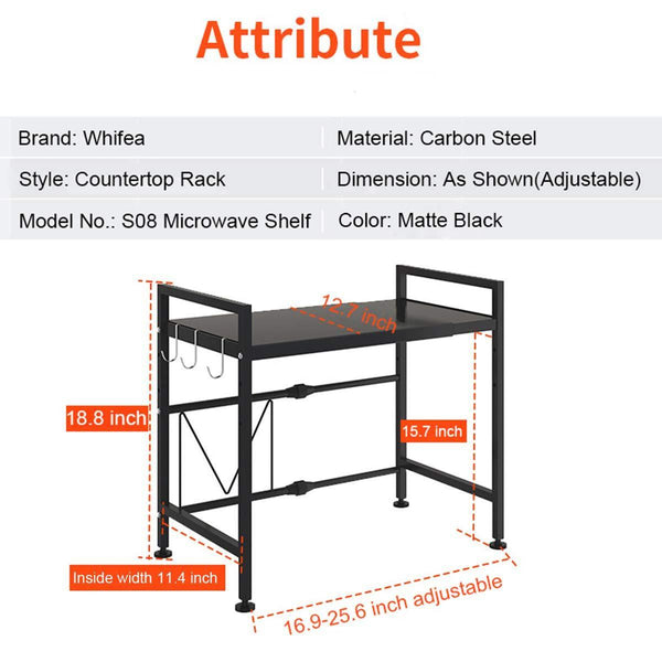 Discover the whifea microwave oven rack expandable and width adjustable microwave shelf 2 tier kitchen counter shelf and organizer with 3 hooks carbon steel 55lbs weight capacity matte black