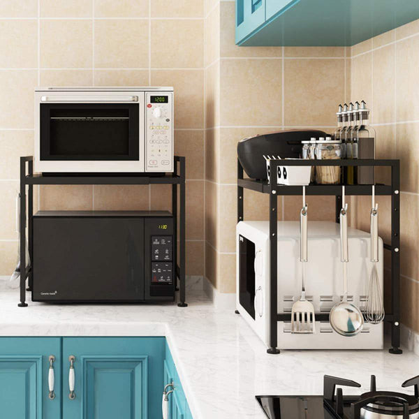 Explore whifea microwave oven rack expandable and width adjustable microwave shelf 2 tier kitchen counter shelf and organizer with 3 hooks carbon steel 55lbs weight capacity matte black