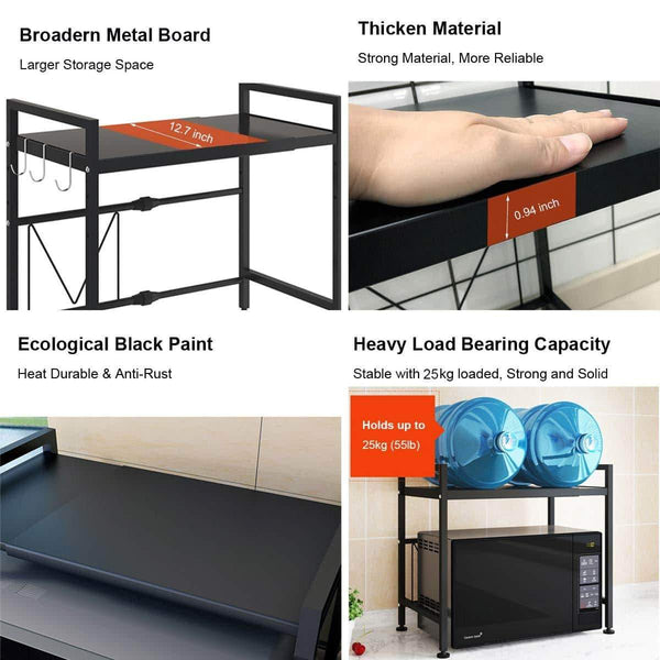 Exclusive whifea microwave oven rack expandable and width adjustable microwave shelf 2 tier kitchen counter shelf and organizer with 3 hooks carbon steel 55lbs weight capacity matte black
