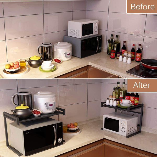 Selection gemitto microwave oven rack expandable carbon steel microwave shelf kitchen counter shelf 2 tiers with 3 hooks 55lbs weight capacity 40 60x36x42cm 15 8 23 6x14 2x16 5 black