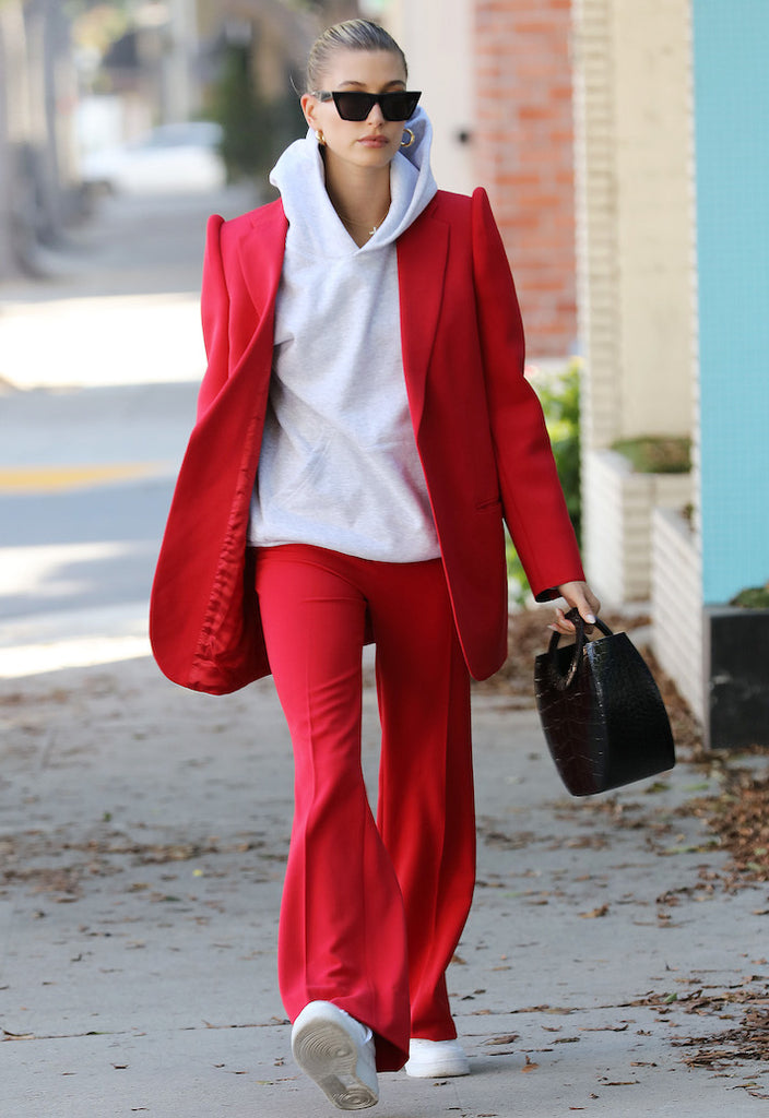 Hailey Bieber Paired a Power Suit with a Hoodie, and Im Kind of Shook