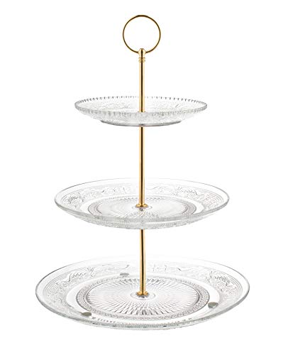 Fisher Home Products 3-Tiered Serving Stand (Glass) Beautiful, Elegant Dishware Serve Snacks, Appetizers, Cakes, Candies Durable, Reusable Party or Holiday Hosting (GOLD)