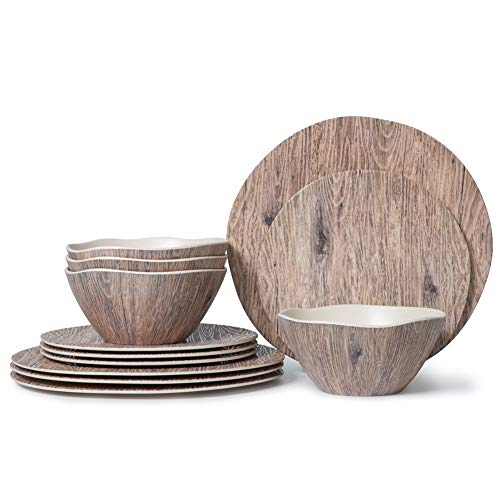 Melamine Dinnerware Set  12pcs Melamine Plates and Bowls Set for Indoor Outdoor Use, Dishes Dinnerware Set Service for 4, Dishwasher Safe, Wood Grain