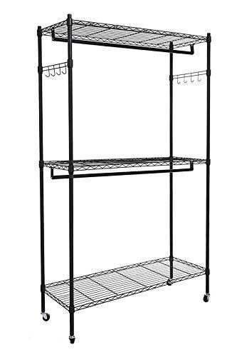 Explore modrine double rod garment rack 3 tiers heavy duty hanging closet with lockable rolling wheels 2 side hooks and 2 clothes rods black