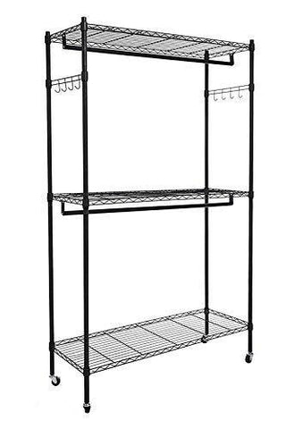 Cheap homdox double rod closet 3 shelves wire shelving clothing rolling rack heavy duty garment rack with wheels and side hooks