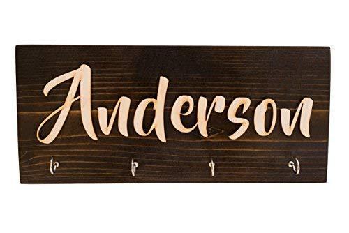 Purchase personalized wall key hanger unique custom key ring jewelry rack holder customize with your name dark rustic natural wood 4 hooks decorative kitchen garage living closet