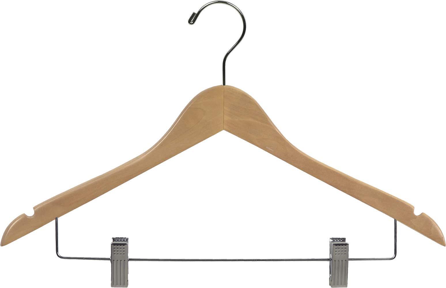 Budget wooden combo hangers with natural finish adjustable cushion clips flat 17 inch hanger with chrome swivel hook notches set of 50 by the great american hanger company