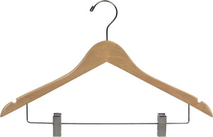 Budget wooden combo hangers with natural finish adjustable cushion clips flat 17 inch hanger with chrome swivel hook notches set of 50 by the great american hanger company
