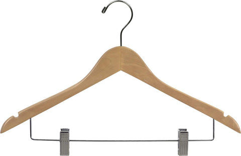 Budget wooden combo hangers with natural finish adjustable cushion clips flat 17 inch hanger with chrome swivel hook notches set of 50 by the great american hanger company