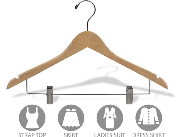 Buy wooden combo hangers with natural finish adjustable cushion clips flat 17 inch hanger with chrome swivel hook notches set of 50 by the great american hanger company