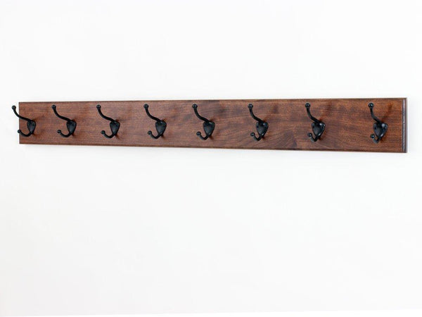 Top solid cherry wall mounted coat rack with oil rubbed bronze wall coat hooks 4 5 utra wide rail made in the usa mahogany 52 x 4 5 ultra wide with 10 hooks