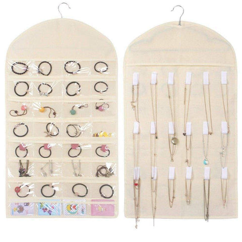 Buy now myshinestyle jewelry hanging accessories organizer 18 hooks 32 pvc pockets canvas necklace display earring holdera beige