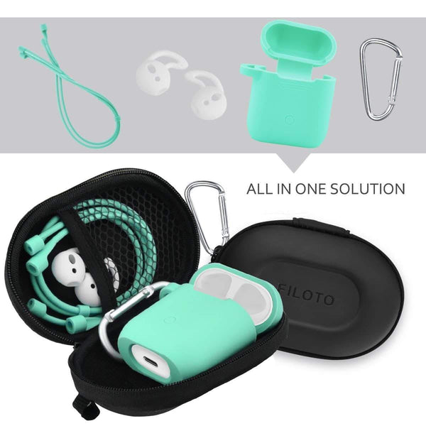 Kitchen airpods accessories set filoto airpods waterproof silicone case cover with keychain strap earhooks accessories storage travel box for apple airpod mint green