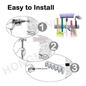 Shop for mop and broom holder 5 position with 6 hooks organizer wall mount command and garden tool organizer for rake or rop garage storage systems holds up to 11 tools strong grip life time guarantee
