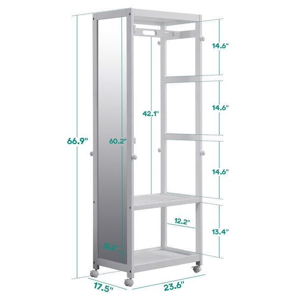 Great free standing armoire wardrobe closet with full length mirror 67 tall wooden closet storage wardrobe with brake wheels hanger rod coat hooks entryway storage shelves organizer ivory white