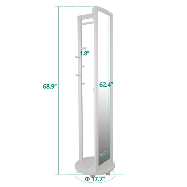 Storage tiny times multifunctional 360 swivel wooden frame 69 tall full length mirror dressing mirror body mirror floor mirror with hanging bar coat stand coat hooks ivory white