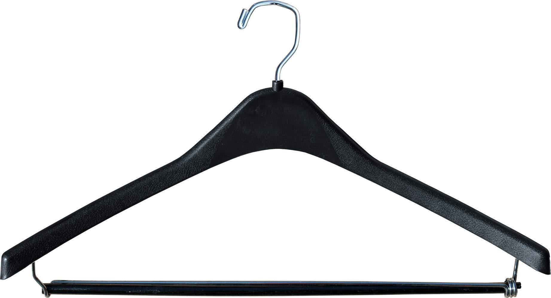 The Great American Hanger Company Heavy-Duty Black Plastic Suit Hanger with Locking Wooden Pant Bar, (Box of 100) 1/2 Inch Thick Curved Hangers for Uniforms and Coats