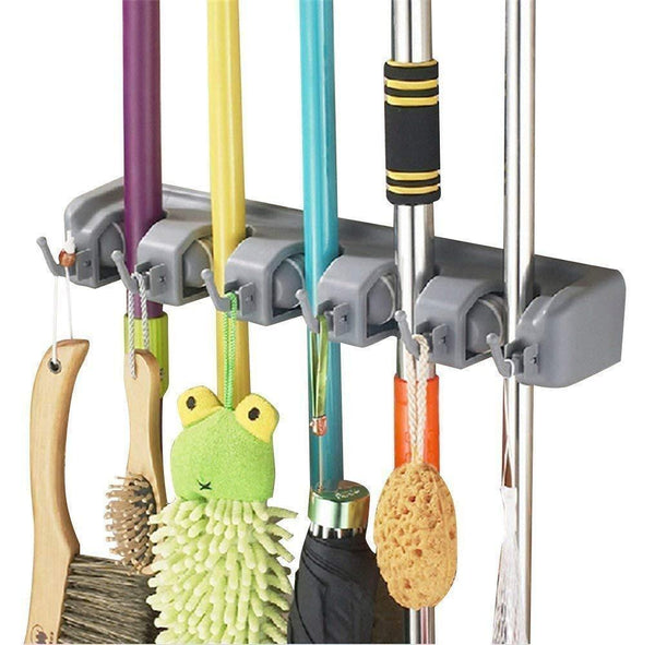 New kmike broom holder mop and broom organizer wall mount with 5 slots and 6 hooks ideal broom hanger solution for kitchen garage warehouse