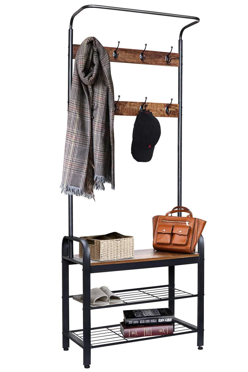 Order now zncmrr entryway hall tree with shoe bench rustic coat rack industrial entryway furniture organizer with 8 double hooks and storage shelf for hallway bedroom living room easy assembly