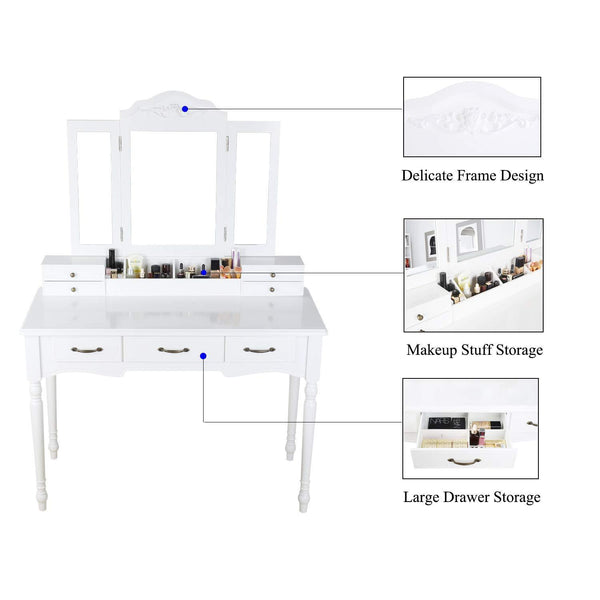 Storage organizer homecho makeup vanity table set removable tri folding mirror and 8 jewelry necklace hooks with 7 drawers and 6 makeup organizers dressing table with cushioned stool bedroom white color hmc md 011