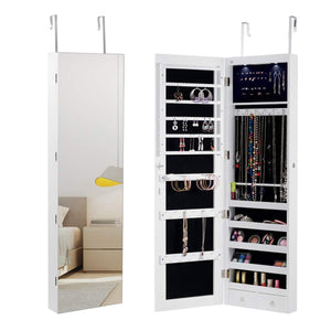 On amazon giantex wall door jewelry armoire cabinet with mirror 2 led lights auto on large storage wide mirrored 1 scarf rod 36 hooks 1 makeup pouch organizer for bedroom jewelry amoires w 2 drawers white