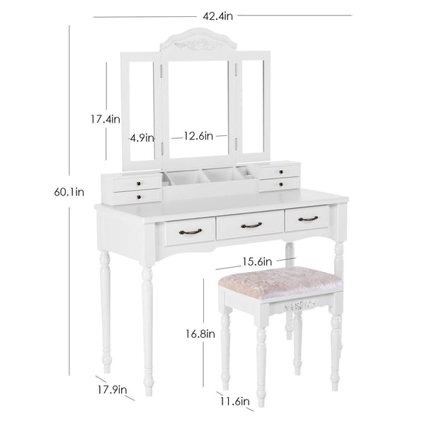 The best homecho makeup vanity table set removable tri folding mirror and 8 jewelry necklace hooks with 7 drawers and 6 makeup organizers dressing table with cushioned stool bedroom white color hmc md 011