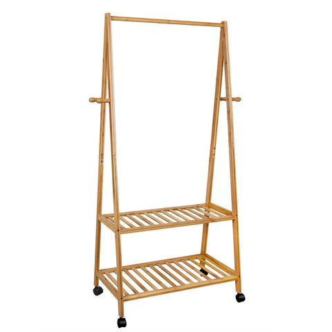 Select nice songmics rolling coat rack bamboo garment rack clothes hanging rail with 2 shelves 4 hooks for shoes hats and scarves in the hallway living room guest room