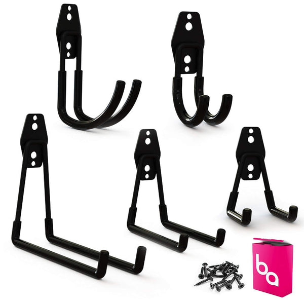 Discover the garage hooks and bike hanger set includes multiple split j utility hook sizes screw in and mount on wall for easy heavy duty install storage and tool shed organizer horizontal bicycle rack