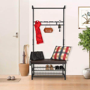 Storage hromee vintage 4 in 1 hall tree with leather bench 5 coat rack hooks metal and wood shoe shelf organizer for entryway foyer
