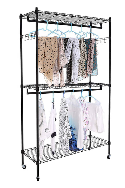 Kitchen modrine double rod garment rack 3 tiers heavy duty hanging closet with lockable rolling wheels 2 side hooks and 2 clothes rods black