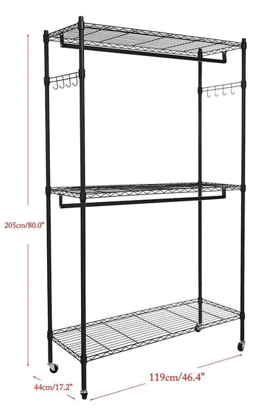 Explore miageek heavy duty garment rack rolling clothes rack free standing shelving wardrobe clothes closet storage organizer with hanging rods and lockable wheels black two pair hook