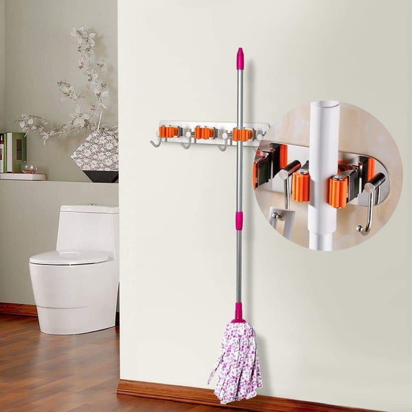 Home bosszi broom holder mop holder gardening tools organizer sus 304 stainless steel brushed non slip silicone self adhesive mounted storage racks with 3 positions 4 hooks holds up to 7 tools firmly
