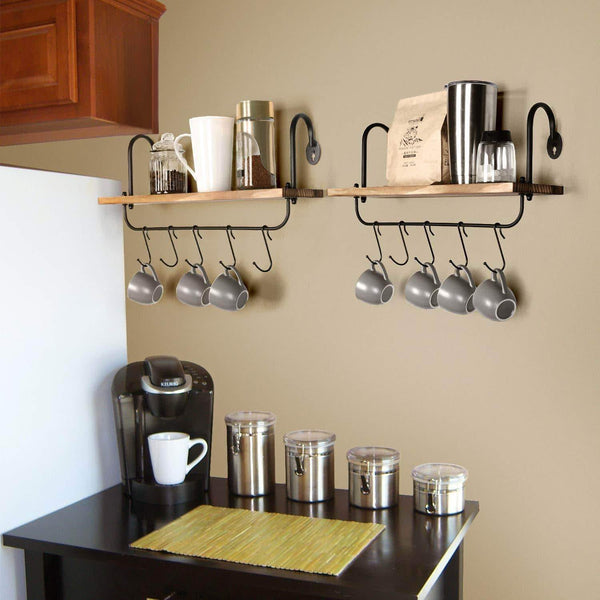 Budget o kis wall floating shelves for kitchen bathroom coffee nook with 10 adjustable hooks for mugs cooking utensils or towel rustic storage shelves set of 2