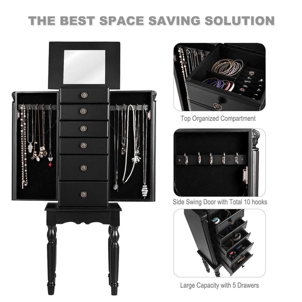 Selection giantex jewelry armoire chest cabinet storage box with top flip makeup mirror large standing organizer for bedroom 10 necklace hooks space saving side swing doors jewelry armoires w 5 drawers black
