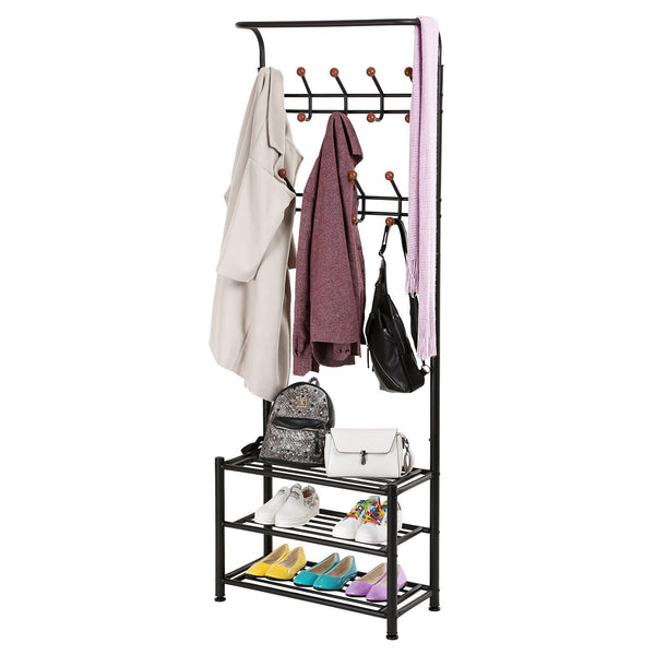 Great songmics entryway coat rack with storage shoe rack hallway organizer 18 hooks and 3 tier shelves metal black urcr67b