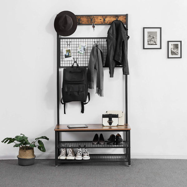 Select nice vasagle industrial coat stand shoe rack bench with grid memo board 9 hooks and storage shelves hall tree with stable metal frame rustic brown uhsr46bx