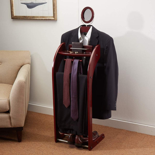 Organize with storagemaid clothes valet stand with mirror beautiful solid mahogany hardwood wardrobe valet stand for clothes with trouser bar jacket hanger tray organizer tie belt hook and shoe rack