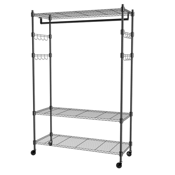 Select nice homdox 3 tiers large size heavy duty wire shelving garment rolling rack clothing rack with double clothes rods and lockable wheels 1 pair side hooks black
