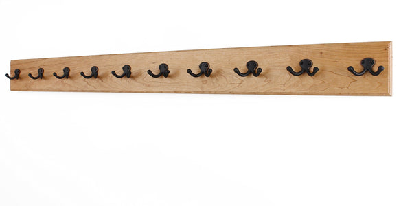 Kitchen solid cherry wall mounted coat rack with oil rubbed aged bronze coat hooks double style wall hooks 4 5 utra wide rail made in the usa natural stain 4 5 x 52 10 hooks