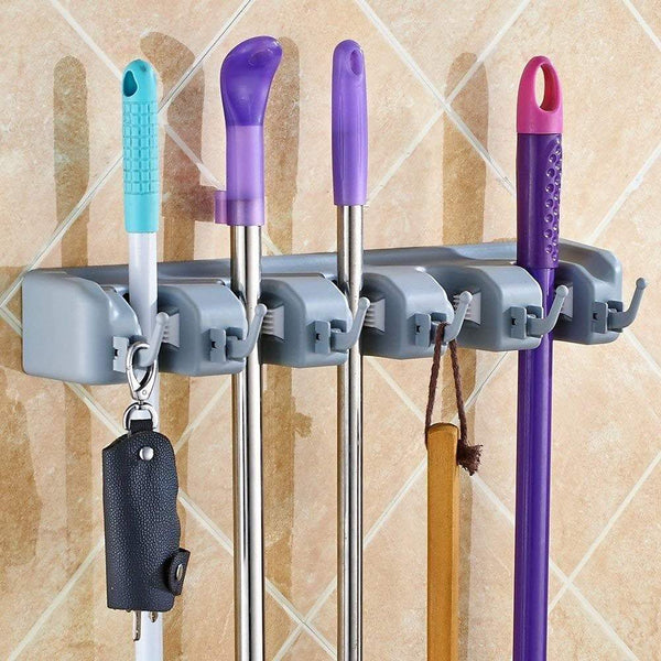 Discover the pack of 2 mop and broom holder wall mount storage with 6 foldable hooks heavy duty garage garden tools hanger rack commercial kitchen closet wall organizer 18 months warranty