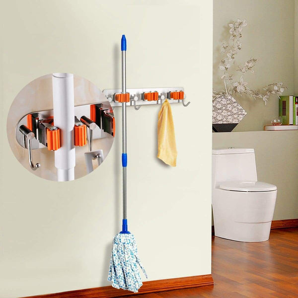 Exclusive bosszi broom holder mop holder gardening tools organizer sus 304 stainless steel brushed non slip silicone self adhesive mounted storage racks with 3 positions 4 hooks holds up to 7 tools firmly