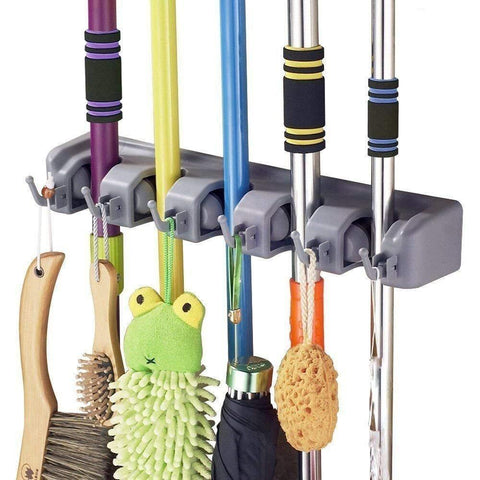 Best seller  shsycer mop and broom holder wall mounted garden storage rack 5 position with 6 hooks garage holds up to 11 tools for garage garden kitchen laundry offices