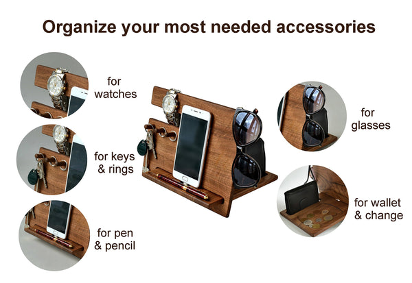 Selection wood phone docking station walnut desk organizer tablet holder key hooks coin wallet watch stand handmade men graduation gift husband anniversary dad birthday idea nightstand for him gadget