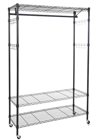 New homdox 3 tiers big size heavy duty wire shelving unit garment rack with hanger bar wheels 2 pair side hooks black