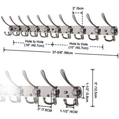 Top dseap wall mounted coat rack 10 tri hooks 37 5 8 long 16 hole to hole heavy duty stainless steel coat hook for coat hat towel robes mudroom bathroom entryway chromed 2 packs