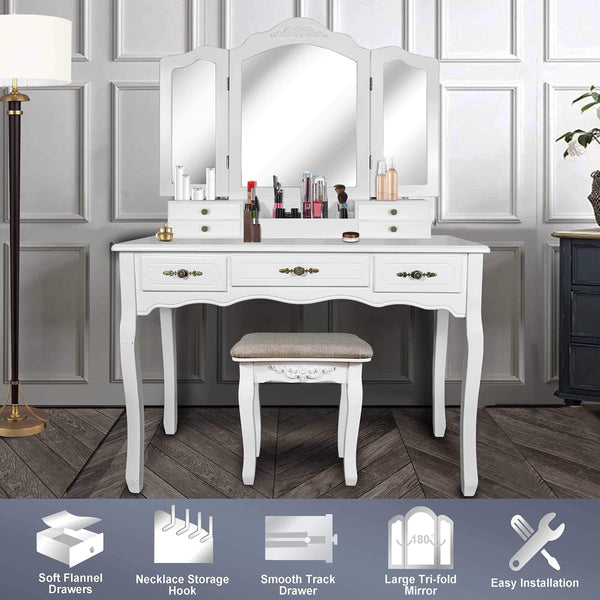 Shop vanity beauty station large tri folding necklace hooked mirrors 6 organization 7 drawers makeup dress table with cushioned stool set white