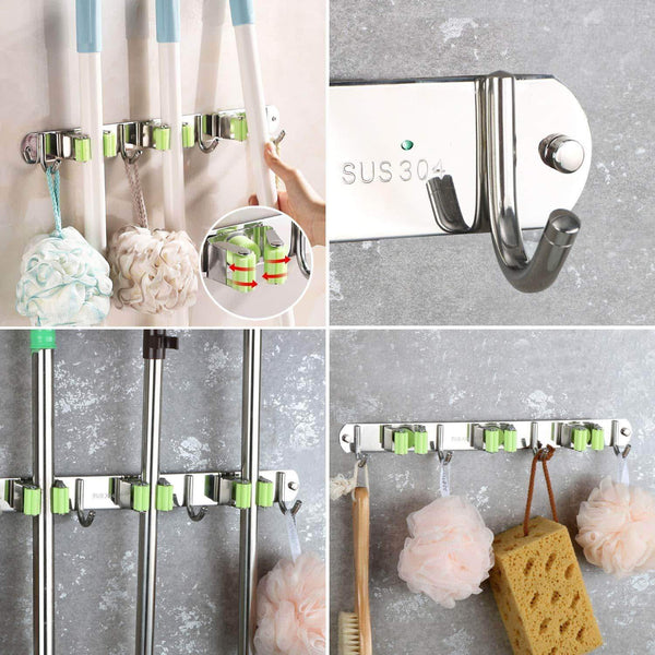 Kitchen joyhill mop and broom holder wall mount stainless steel broom organizer self adhesive garden tool hangers 3 position 4 hooks