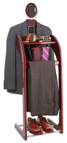 Order now storagemaid clothes valet stand with mirror beautiful solid mahogany hardwood wardrobe valet stand for clothes with trouser bar jacket hanger tray organizer tie belt hook and shoe rack